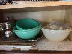 Tupperware, silverplate, cookbooks, glassware, coffee mugs, etc "A" cupboards