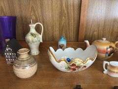 HP eyeglass holder, tea pot, large covered compote, red glass, etc All on BOTTOM shelf
