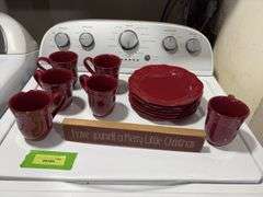 Better Homes & Gardens milk and cookie service for 5 and a holiday sign One mug is chipped