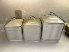 Three Princess House Pavillion caninsters and three Koezes clear glass canisters