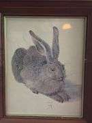Ceramic rabbit and 2 prints
