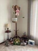 Hall tree, side table, table lamp and decor Hall tree has a broken arm