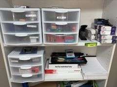 Many office supplies-paper, binder clips, paper clips, ink cartridges, etc