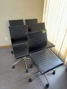 Five rolling adjustable height office chairs, see photos for condition
