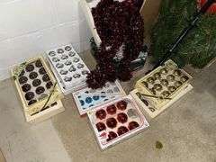Artifical Christmas tree, ornaments, bulbs and tinsel style garland