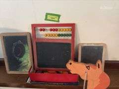 3 school slates and stick horse