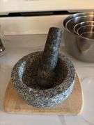 Stainless steel mixing bowls, mortar & pestle, cheese cutting board