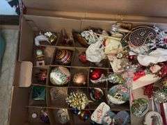 Christmas ornaments, bulb tote and two wreathes