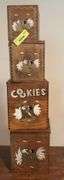 Four wooden canisters with dovetail corners and fighting roosters MIssing one lid