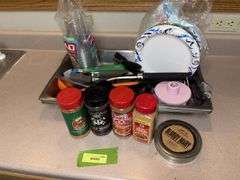 Kitchen seasonings, three large stainless steel chafing pans, kitchen utensils, kitchen disposables