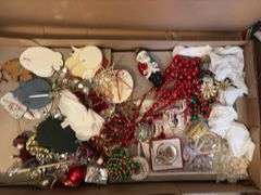 Christmas ornaments, bulb tote and two wreathes