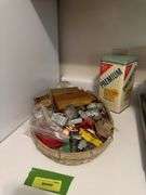 Cookie cutters, saccharometer candy thermometer, Premium crackers tin and other kitchen items