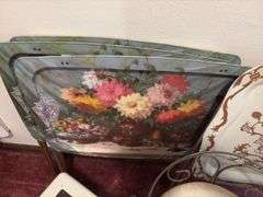 Four vintage tv trays (three match), vanity chair and step stool