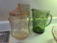 Pink and green Depression glass, Fire King bowls