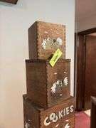 Four wooden canisters with dovetail corners and fighting roosters MIssing one lid