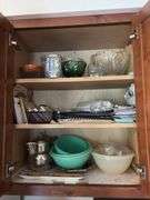 Tupperware, silverplate, cookbooks, glassware, coffee mugs, etc "A" cupboards