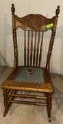 Medallion back oak sewing rocker w/ needlepoint seat