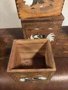 Four wooden canisters with dovetail corners and fighting roosters MIssing one lid