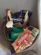 Yard cart, potting soils, plastic water can and decorative art
