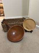 Rectangular handled basket, Munising wooden bowl with handle and buckeye trivet