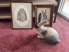 Ceramic rabbit and 2 prints