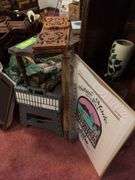 Wine rack, magazine rack, half table, wood shelf, plastic step stool and more
