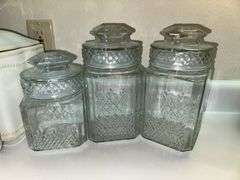 Three Princess House Pavillion caninsters and three Koezes clear glass canisters