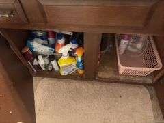 Contents of two baths includes cleaning supplies, bandaids, scales, rugs, etc