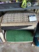 Shelf and all includes many rugs, electric leaf blower, yard flags, lawn edging, yaktrax