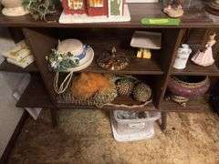 Shelf and contents includes decorative birdhouses, deco scale, bottles, trophies, etc