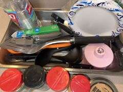 Kitchen seasonings, three large stainless steel chafing pans, kitchen utensils, kitchen disposables