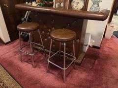 19 x 64 x 39H bar with two stools and contents of back bar shelves NOTHING ON TOP!