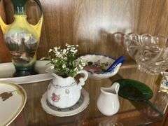 Bone china flowers, HP dishes, large serving bowl etc... All on MIDDLE shelf
