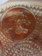 Marigold carnival glass Pharoahs Horses pattern three footed bowl