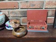 Hair receivers, urn, two rosemaled trinket boxes