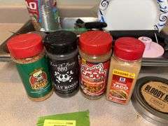 Kitchen seasonings, three large stainless steel chafing pans, kitchen utensils, kitchen disposables