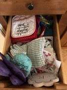 Kitchen linens, bags, baking pans, wire racks “D” cupboards