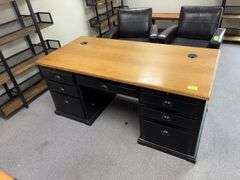 32D x 69L x 30H locking desk with 7 drawers and two pull out writing trays