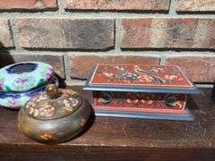 Hair receivers, urn, two rosemaled trinket boxes