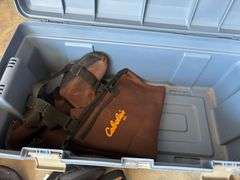 Various Fishing Waders, size 10 boots, folding fishing poles in blue licking tub