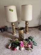 (2) 3.5’ tall table lamps and 18” tall umbrella stand with artificial flowers