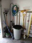 Snow shovel broom, hoe, rakes, garbage can, hoses and more