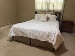 Queen size bed w/ headboard and nightstand, bedding and all including Therapedic mattress