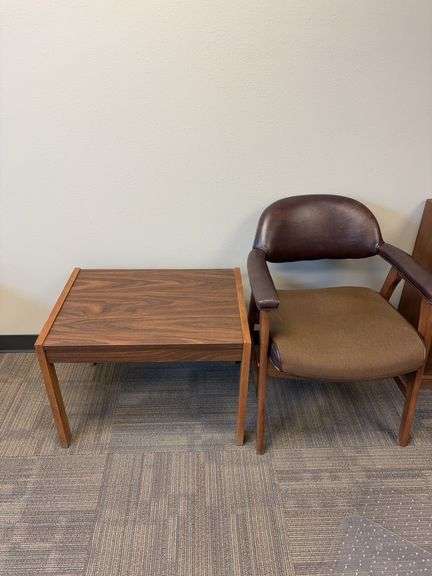 Wood end table, side chair image
