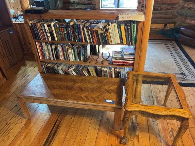 Oak coffee table, Oak end table with glass top and large assortment of books image