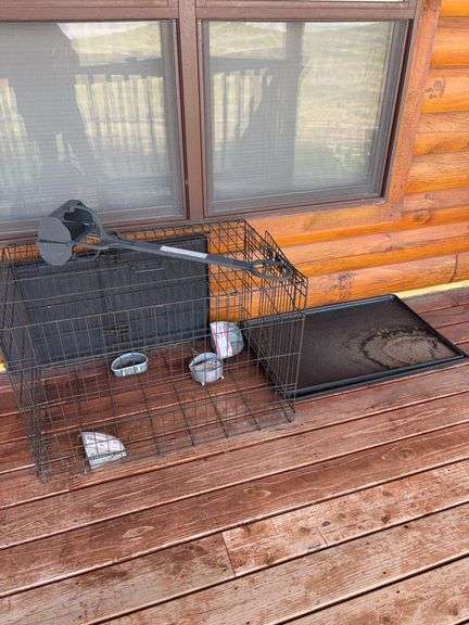 Dog crate, pooper scoop, corn feeders, plastic trays image