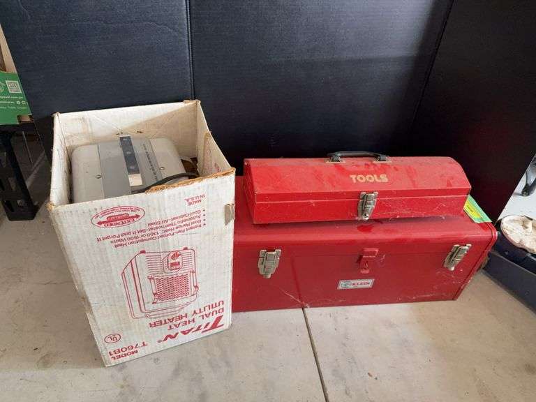 2 steel toolboxes and electric heater image