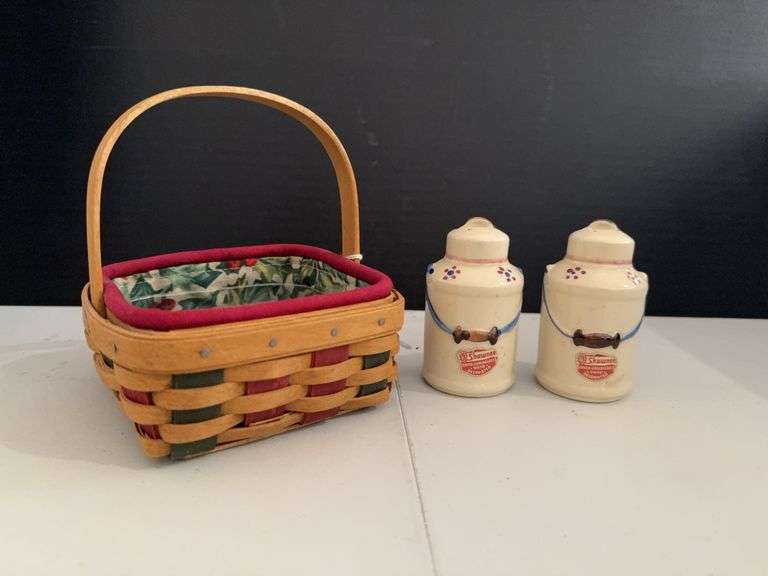 Mini Longaberger basket and Shawnee milk can salt and pepper shakers image