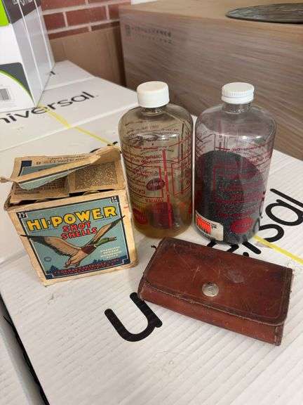 Vintage 12GA shotgun shells, shot & powder, leather belt ammo carrier image