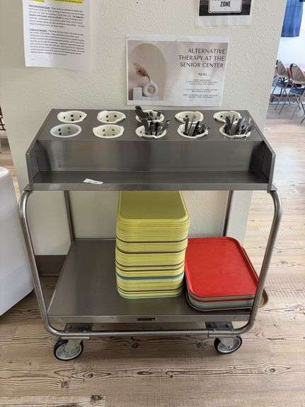 Stainless tray and silverware cart on rollers, trays, flatware image